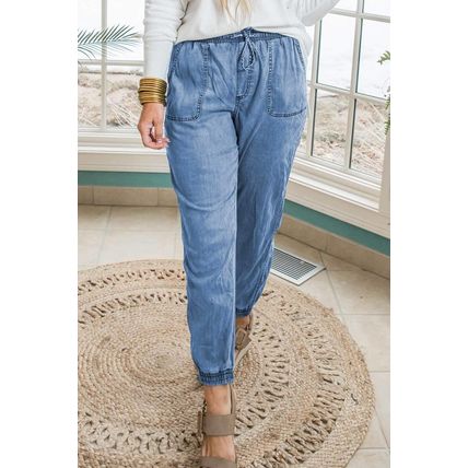 Dusk Blue Drawstring Waist Pocketed Plus Size Denim Joggers