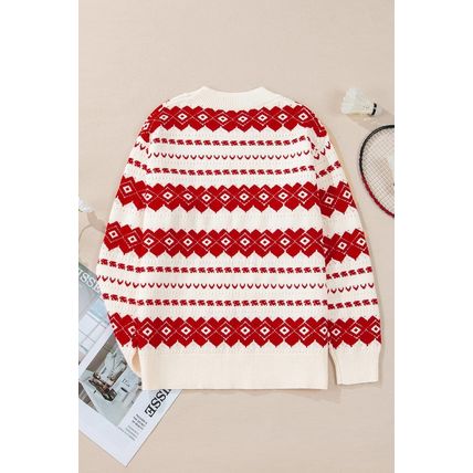 White Western Geometric Patterned Crew Neck Loose Sweater
