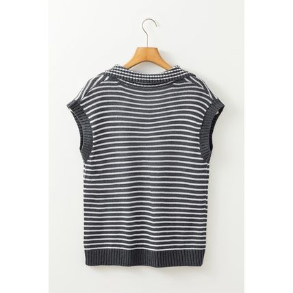 Gray Stripe Collared V Neck Sweater Vest with Pockets