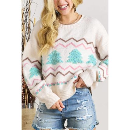 White Striped Christmas Tree Ribbed Trim Drop Shoulder Sweater