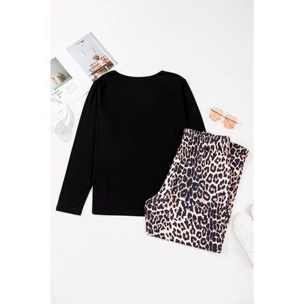 Black Leopard Patched Pocket Long Sleeve Top Plus Size Pants Set