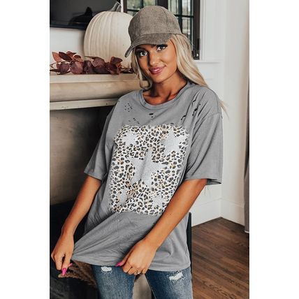 Medium Grey Stars Leopard Graphic Distressed Tee