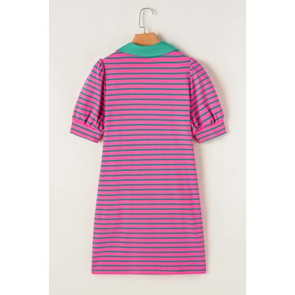Pink Stripe Collared V Neck Puff Sleeve T Shirt Dress