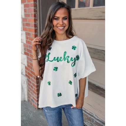 White St Patrick Lucky Clover Sequin Graphic T Shirt
