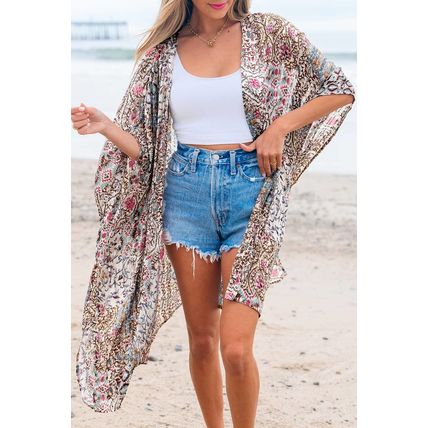 Apricot Floral Print Short Wide Sleeve Open Front Loose Kimono