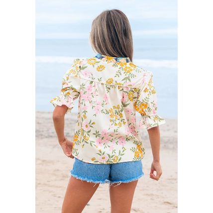 Multicolour Crochet V Neck Half Sleeve Boho Floral Blouse