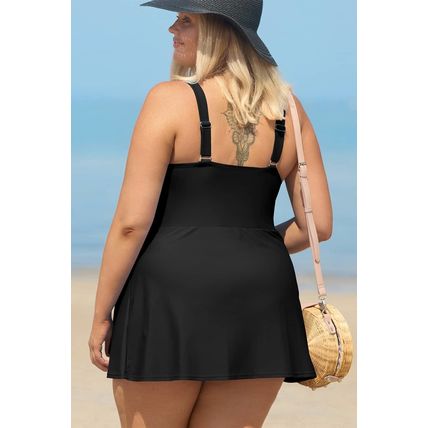 Black Solid Color Square Neck Knotted Plus Size One Piece Swimsuit