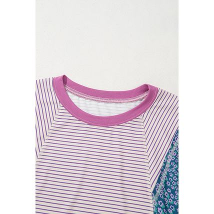 Purple Stripe Floral Color Block Raw Edge Patchwork Bracelet Sleeve Blouse