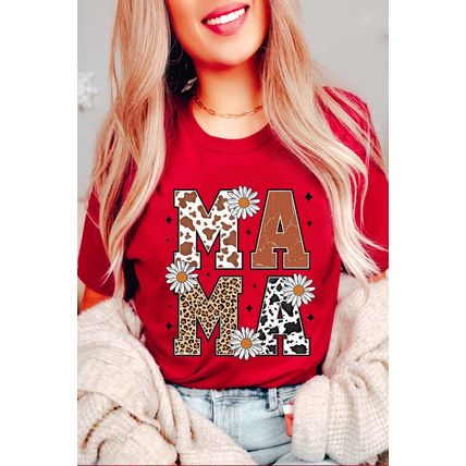 Red Western Animal Spots MAMA Letter Daisy Flower Printed Tee