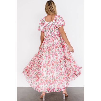 Pink Plus Size Floral Square Neck Puff Sleeve Ruffle Maxi Dress