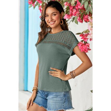 Mist Green Lace Patchwork Waffle Short Sleeve Top