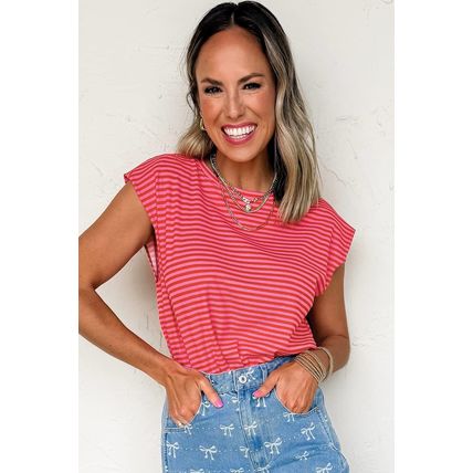 Red Stripe Ribbed Cap Sleeve Round Neck T Shirt