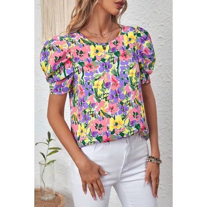 Purple Floral Print Puff Short Sleeve Crew Neck Blouse