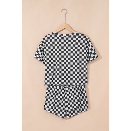 Black Checkerboard T Shirt and High Waist Skorts 2 Piece Outfit