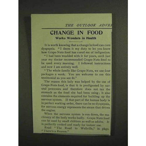 1907 Postum Grape-Nuts Cereal Ad - Change in Food