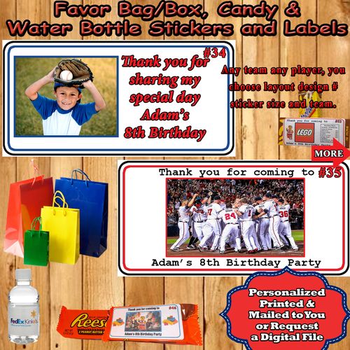 Baseball MLB Birthday Favor Stickers Water Bottle Labels Personalized ANY Team