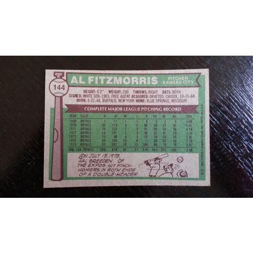 1976 Topps Card # 144 Al Fitzmorris Very Good-Excellent (4) Kansas City Royals