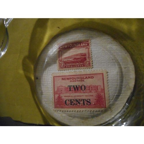 Newfoundland Vintage Ashtray with Two Pre Confederation 2 Cent Stamps Incased