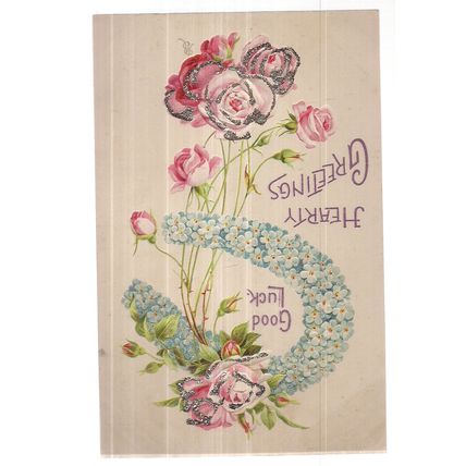 good luck, HEARTY GREETINGS.. used antique postcard not posted #
