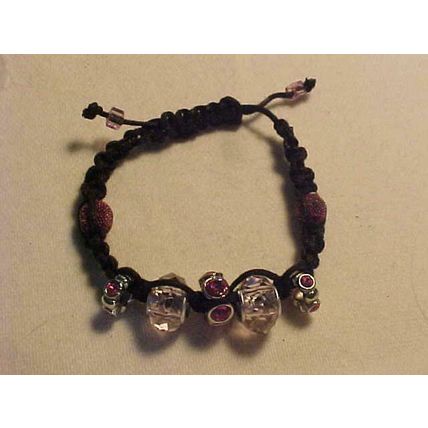 Pink Crystal Bead Bracelet Silver Ring and Sugar Beads Black Cord Adjustable