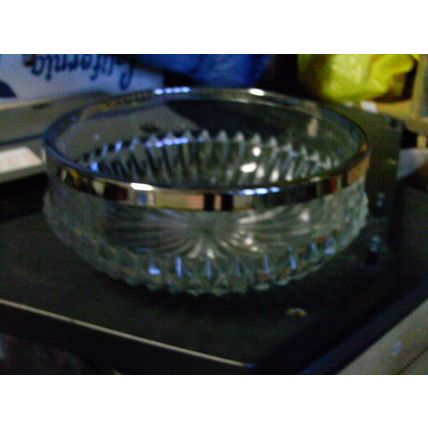 Cut glass serving/ fruit bowl with metal band top