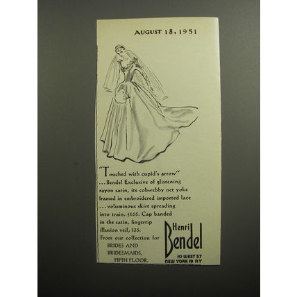 1951 Henri Bendel Wedding Dress Ad - Touched with cupid's arrow