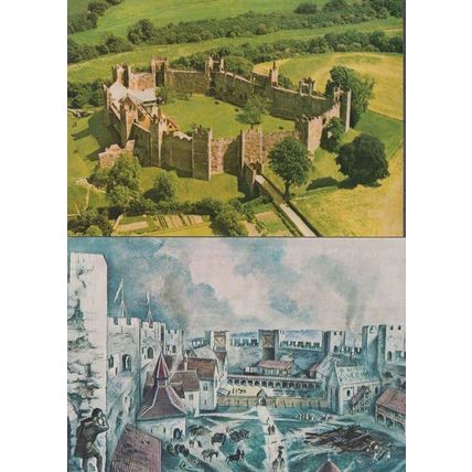 Framlingham Castle Suffolk Painting of Courtyard & Aerial Birds Eye 2x Postcard