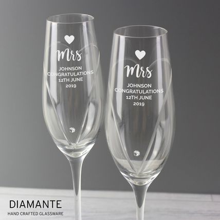 Flutes pair Diamante Hand Crafted Glasses heart anniversary engagement Wedding