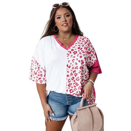 Rose Plus Size Leopard Patchwork Short Sleeve Top