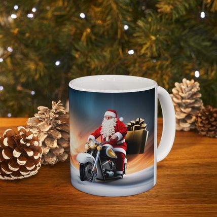 Here Comes Motorcycling Santa Bringing Gifts 11 oz Ceramic Mug Package Delivery