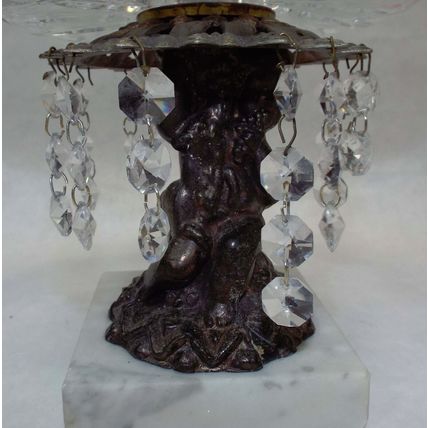 Vintage White Glass Ashtray Brass Base Cherub 40’s 50’s Hanging Crystals Marble