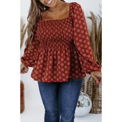 Plus Size Square Neck Printed Peplum Top