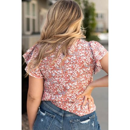 Pink Plus Size Floral Print Ruffled Sleeve Frilled Neck Blouse