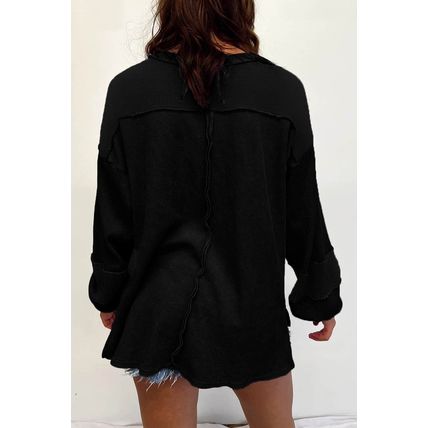 Black Plus Size Exposed Seam Crinkle Patchwork Top
