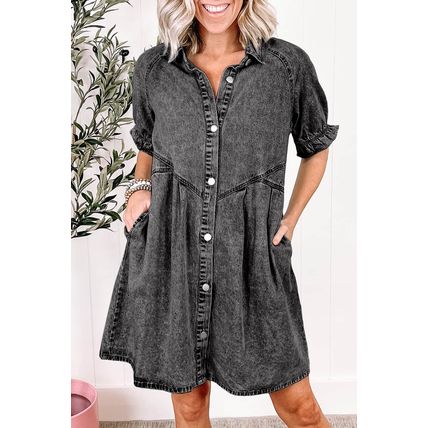 Medium Grey Mineral Wash Ruffled Short Sleeve Buttoned Denim Dress