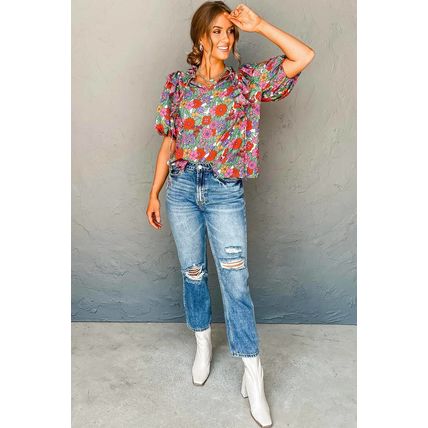 Red Floral Tie Split Neck Ruffle Puff Sleeve Blouse