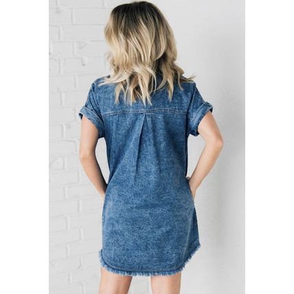 Blue Mineral Wash Cuffed Sleeve Frayed Hem Denim Dress