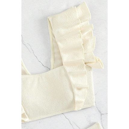 Beige Textured Ruffled Square Neck High Waist Swimsuit