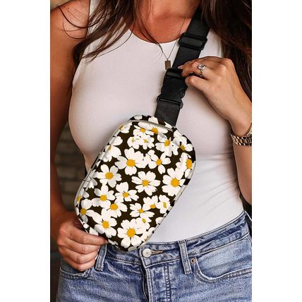 Black Daisy Printed Buckle Strap Crossbody Bag
