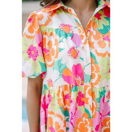 Pink Floral Puff Sleeve Collar Buttoned Babydoll Dress