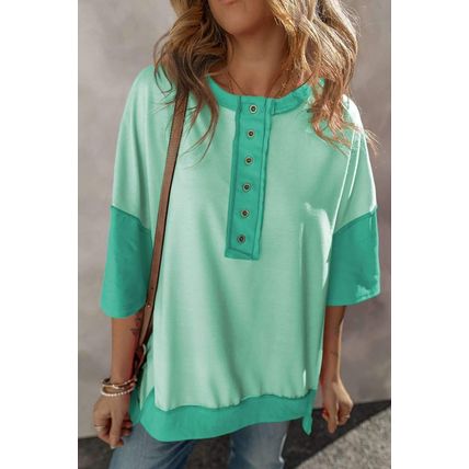 Bright Green Contrast Color Patchwork Half Button T Shirt