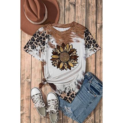 Chestnut Leopard Bleached Sunflower Graphic Crewneck T Shirt