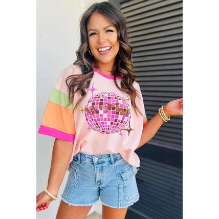 Rose Red Colorblock Patchwork Long Sleeve Loose Top