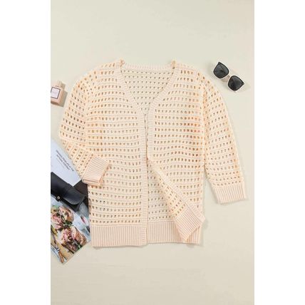 Apricot Solid Color Open Knit Textured Cardigan