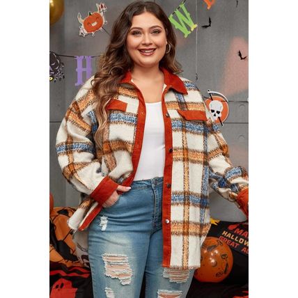 Brown Stripe Plus Size Plaid Print Collared Buttoned Jacket