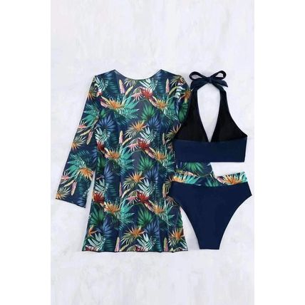 Black 3pcs Tropical Contrast Trim Halter Bikini Set with Cover up