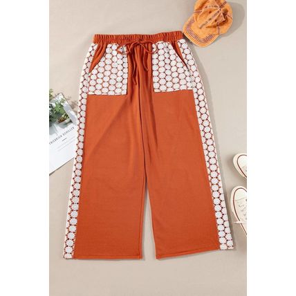 Gold Flame Plus Size Floral Crochet Patch Drawstring Wide Leg Pants