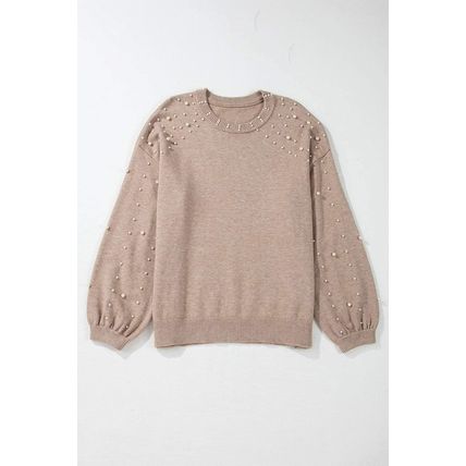 Smoke Gray Pearled Drop Shoulder Plus Size Sweater