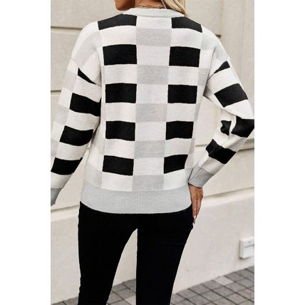 Black Checkered Ribbed Edge O Neck Drop Shoulder Sweater