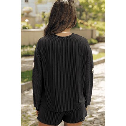 Carbon Grey Sequin Rugby Football Corded Knit Two Piece Shorts Set